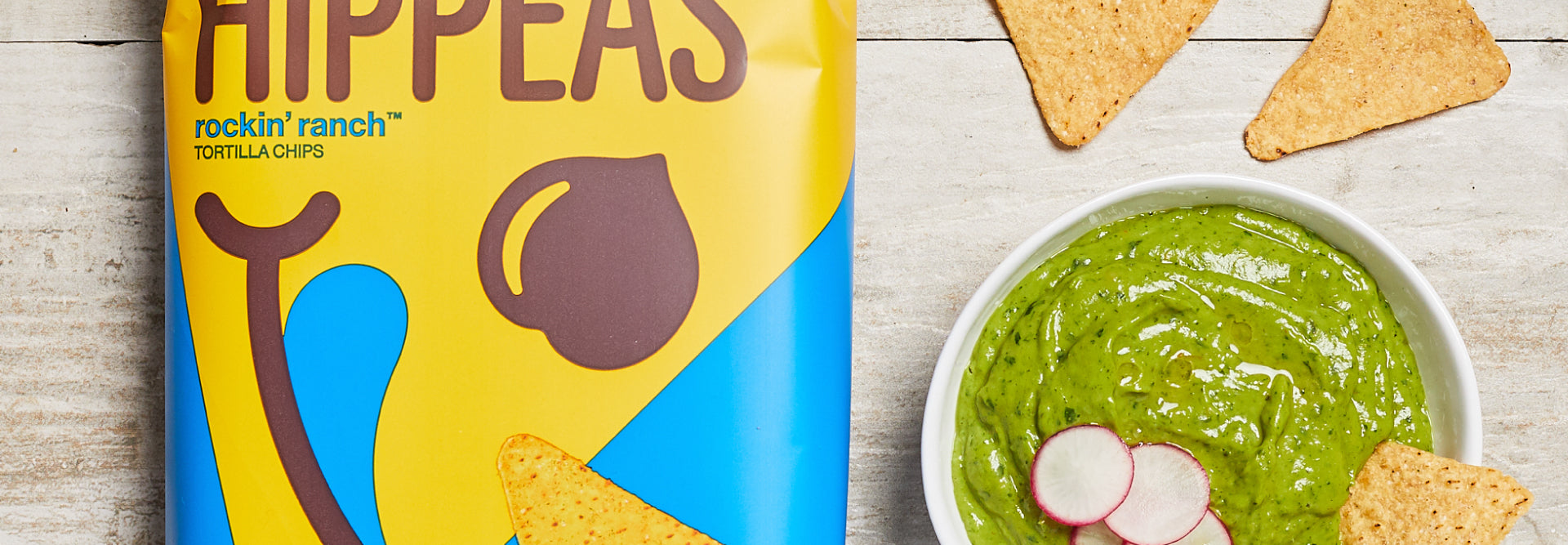HIPPEAS® Rockin’ Ranch™ Tortilla Chips paired with Avocado Salsa Verde